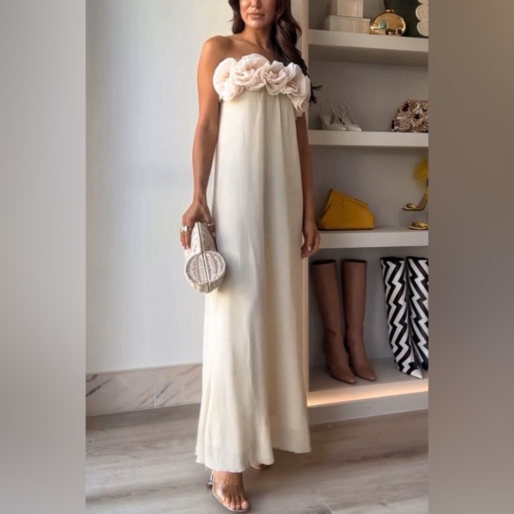 Zara Cream Strapless Dress with Floral Accents